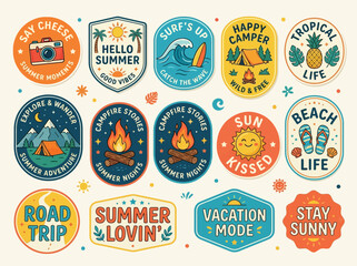A collection of vintage style summer stickers and badges featuring camping, surfing, travel, and adventure themes with retro typography and vibrant colors for seasonal vacation and outdoor designs. © Ayong