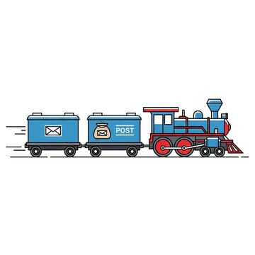 Vector illustration of a vintage steam train with two mail carriages, featuring a post bag and envelope icon, designed in a flat cartoon style for postal service concepts