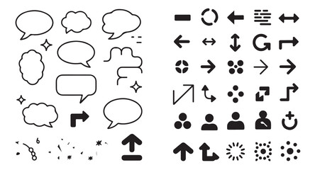 Fototapeta premium Minimalist ui icons set with speech bubbles and solid black arrows for website application.
