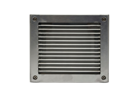 Square brushed metal ventilation grille with horizontal slats and four corner screws for industrial airflow... isolated on a transparent background