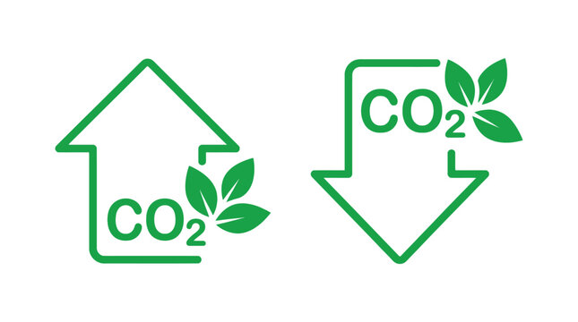 Green house icons showing carbon dioxide emissions reduction and increase with leaves