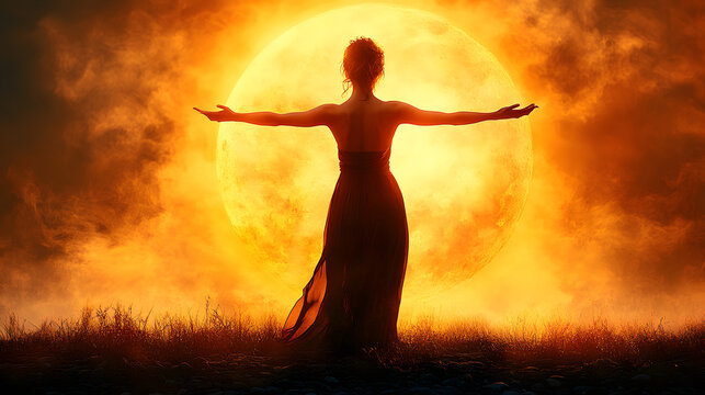 Silhouette of a woman standing with open arms against a dramatic fiery explosive background