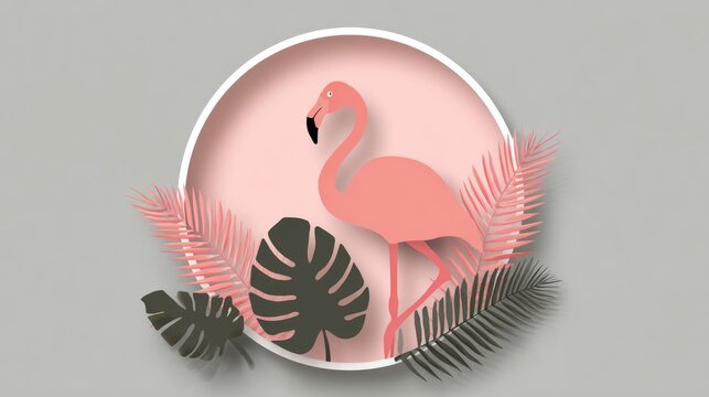 Stylized depiction of a tropical bird surrounded by foliage within a circular frame against a muted background