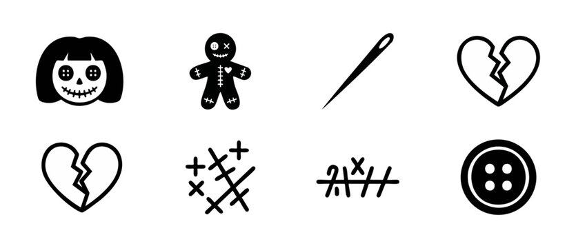 Voodoo doll vector icons set featuring spooky doll head, sewing needle, broken heart, stitches, and button elements for creepy Halloween craft designs and dark magic projects on white background.