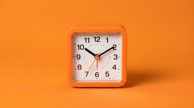 Orange Square Alarm Clock on Orange Background Minimalist Time Concept
