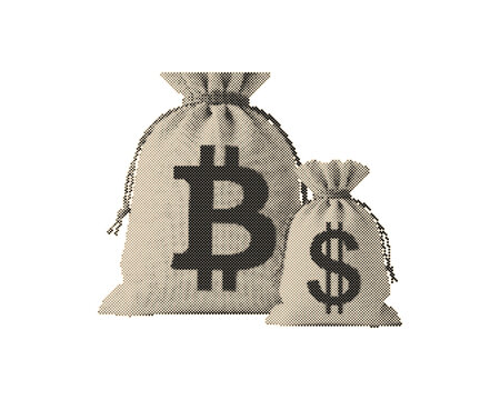 Vintage retro halftone money bags with Bitcoin and dollar symbols in circle dots pattern illustration isolated on white background