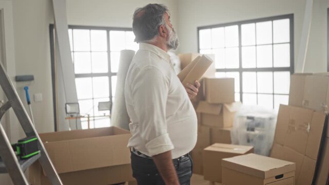 Man with hoary beard holding rolled blueprints and hand to face among stacked packing boxes in a bright building; contemplation planning.
