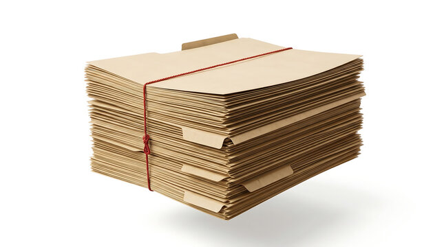 Large stack of manila file folders tied with red string on white
