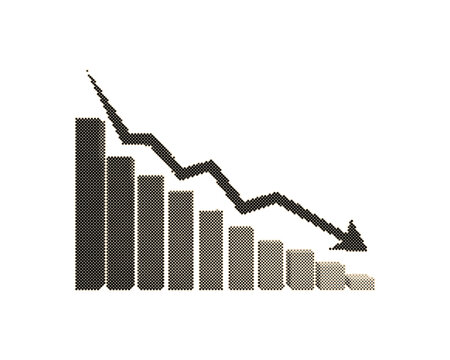 Decreasing bar chart with vintage retro halftone circle dots pattern trend illustration isolated on white background