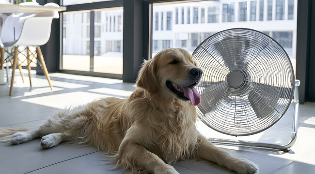 A humorous Golden Retriever dog is seen cooling off in front of a floor fan in a modern office setting during a severe summer heatwave.