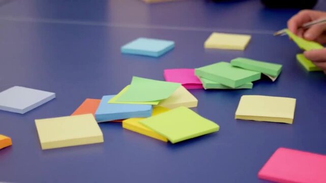 Panning shot of a businesswoman writing ideas on colorful sticky notes during a corporate brainstorming session