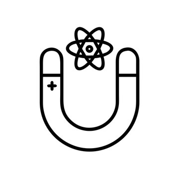 Horseshoe magnet icon with atom symbol above and positive charge sign.