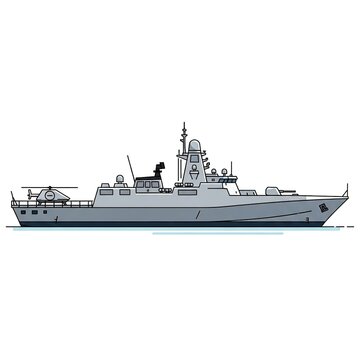 Modern naval warship with a helicopter on the flight deck, side view vector illustration of a military patrol vessel or corvette for defense and maritime security concepts