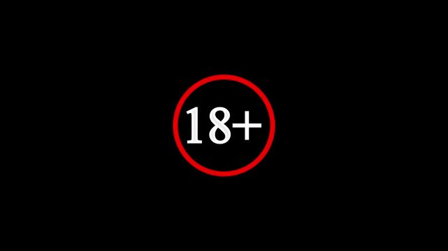Animated 18+ age restriction sign, circular red outline with adult content warning symbol, conceptual motion graphics for age verification, maturity rating, and parental control on a black background.