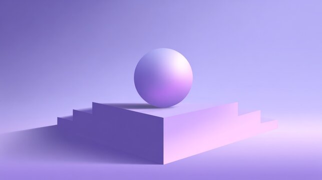 Three dimensional geometric pedestal structure supports a luminous sphere in a soft lilac environment