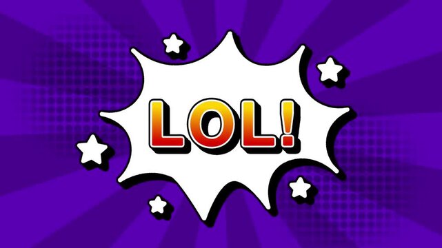 LOL text word lettering popup comic cartoon reveal with bomb and smoke explosion manga anime book page dots with radial speed lines doodle violet background with seamless loop animation retro