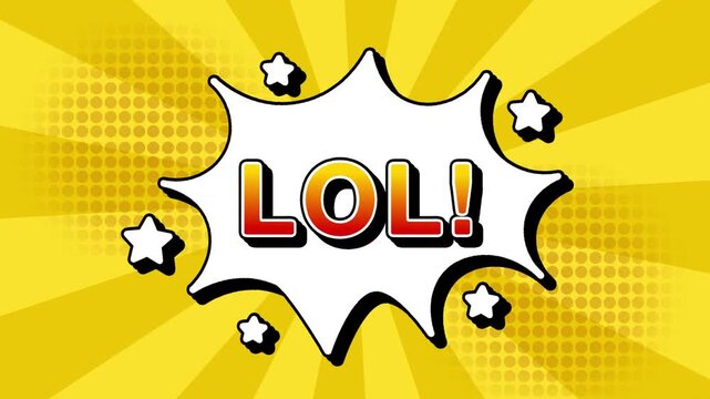 LOL text word lettering popup comic cartoon reveal with bomb and smoke explosion manga anime book page dots with radial speed lines doodle yellow background with seamless loop animation retro