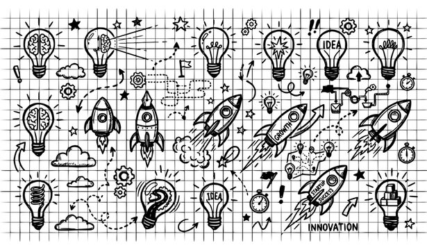 Light Bulb and Rocket Doodles on Graph Paper Creative Innovation Sketch Vector Illustration