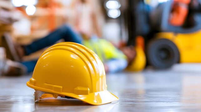 Yellow safety helmet on warehouse floor with an injured worker and a blurred forklift in the background, representing workers compensation and employment labor law claim.