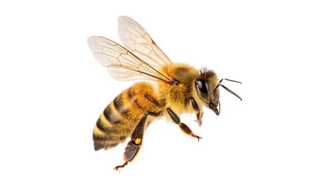Detailed top view of a honey bee flying isolated on transparent background cut out
