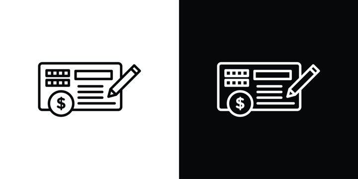 Money check icon outline stroke in black.