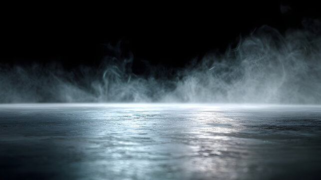 Abstract dark stage background with low smoke and wet reflective floor surface.