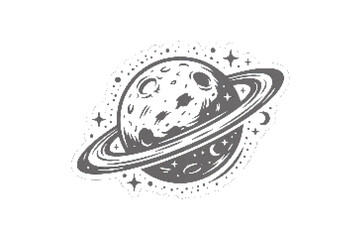 Monochrome vector illustration of a planet with rings and stars © Msbhai