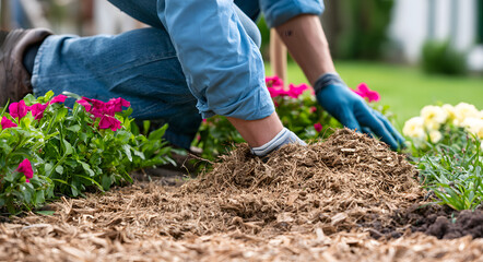 Fototapeta premium The gardener applies mulch to the flower bed to prepare for hot weather, showcasing summer care for plants, moisture retention, and seasonal maintenance practices.