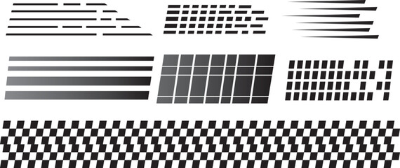 Racing stripe vector graphics with finish line checkered flag and racing car elements. Speed emblem collection © fatima