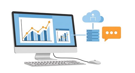 Obraz premium A computer monitor displays a business graph and chart connected to cloud storage and a chat icon, symbolizing data analysis and communication in a professional setting with technology.