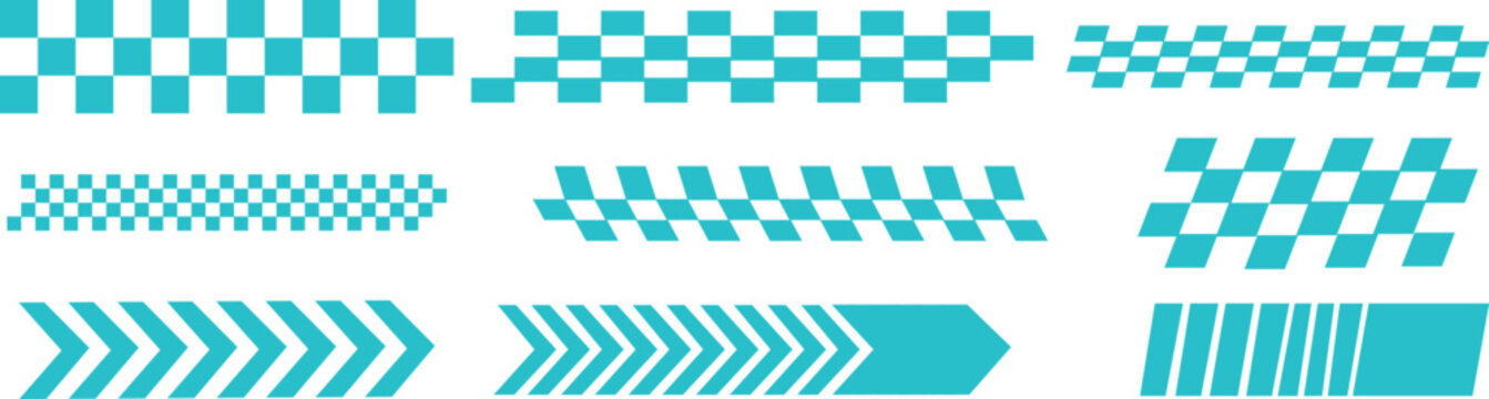 Racing stripe vector graphics with finish line checkered flag and racing car elements. Speed emblem collection