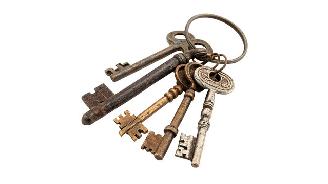 Bunch of old vintage antique metal keys on a ring isolated on transparent background cut out