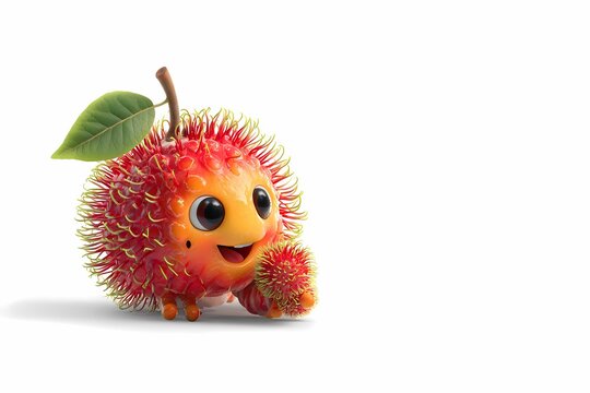 Cute rambutan with big eyes and a smile. Soft red spines cover its round, orange flesh. Green leaf and stem complete its cheerful look. Small feet give it a playful, cartoonish stance