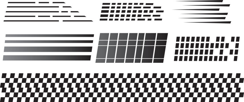 Racing stripe vector graphics with finish line checkered flag and racing car elements. Speed emblem collection