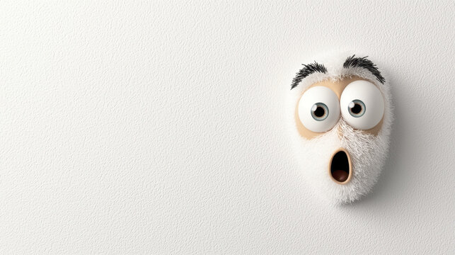 Surprised cartoon face with wide open eyes and fluffy white beard against plain background, expressing astonishment and wonder