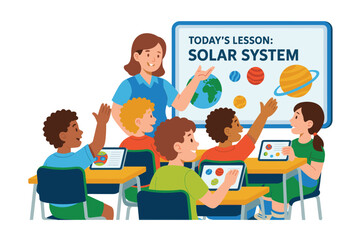 Children Learning Solar System in Classroom with Teacher Illustration © MD