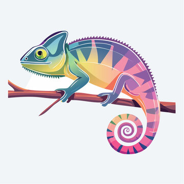 Colorful rainbow chameleon lizard on a branch pop art vector illustration