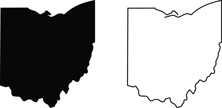 Ohio state map icons, outline and solid black silhouette designs for geography, navigation, regional identity, and mapping projects.
