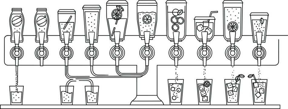 Beverage Dispenser Station Line Illustration Featuring Automated Drink Machines Pouring Soft Drinks Fruit Juices Cocktails and Soda into Ice Glasses