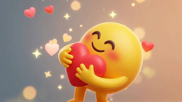 Happy emoticon character hugging a heart with love symbols
