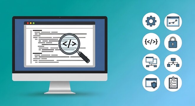 A computer monitor displays coding symbols on a webpage with a magnifying glass on screen next to security icons on a blue background.