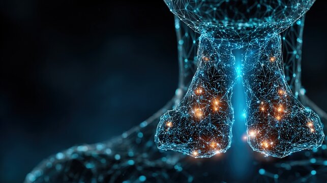 3D medical illustration of human thyroid nodule anatomy, cross-sectional view of thyroid gland with benign and malignant tumor lesions, endocrine system disease diagram for medical education, 
