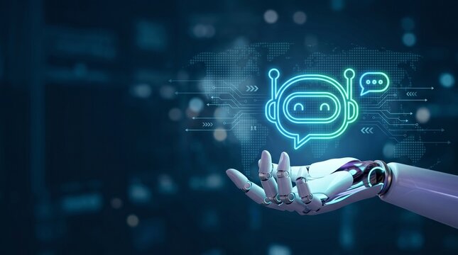 Futuristic Artificial Intelligence Interface with Robotic Hand Holding Chatbot Hologram and Global Connectivity Map