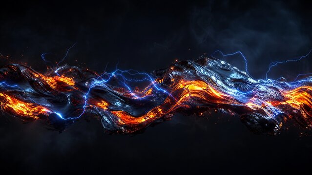Viscous molten basalt and flowing lava wave with electric blue lightning arcs. High-contrast "T-1000" liquid dynamics meets volcanic heat on a charcoal background