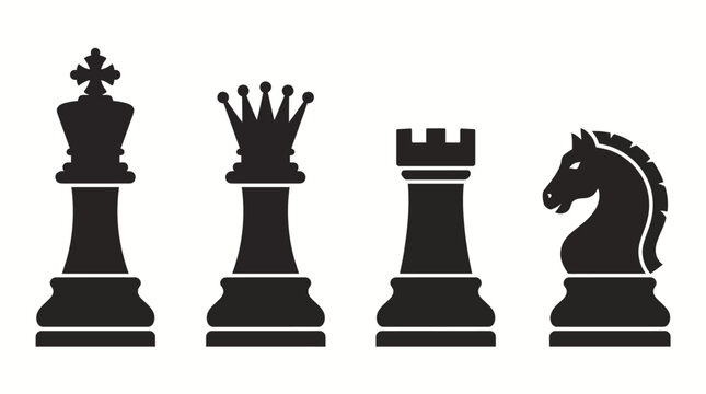 Set of Black Chess Piece Silhouettes including King Queen Rook and Knight