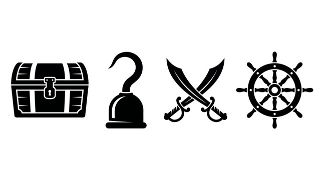 Set of Black Pirate Themed Icons Featuring Treasure Chest Hook Sword and Wheel