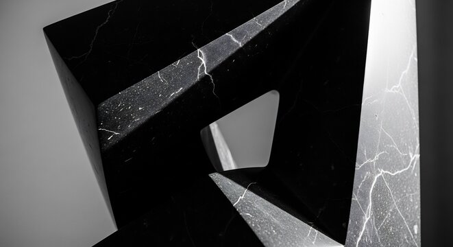 A black marble sculpture with a triangular hole and white veins on a gray background