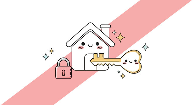 Cartoon house and key with lock illustration on angled pink stripe