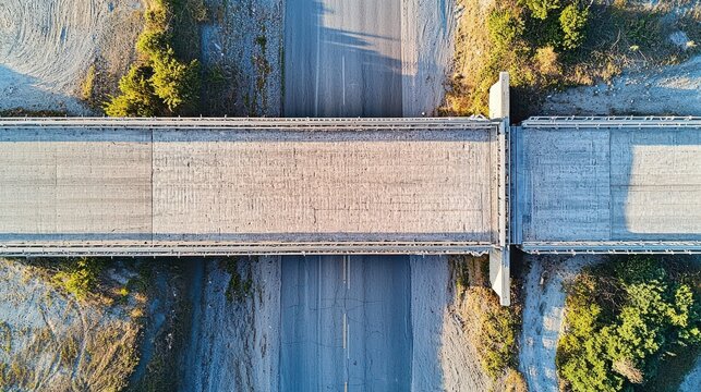 Bridge expansion joints aerial view historic American concrete highway infrastructure natural autumn landscape water crossing structural engineering