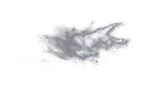 Grey dust particle explosion cloud formation, dynamic energetic motion of pulverized matter dispersing.